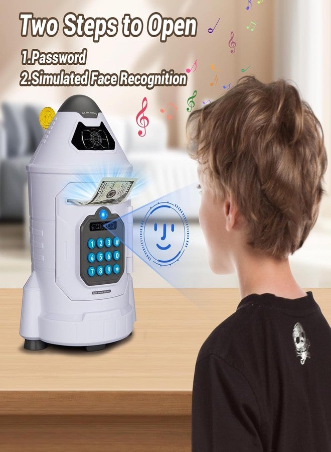 ماجيك واند حصالة نقود موسيقية ماجيك واند كبيرة الحجم على شكل صاروخ، حصالة نقود للأطفال على شكل خنزير مزودة بمستشعر بصمة الإصبع، لون أبيض - Image 3